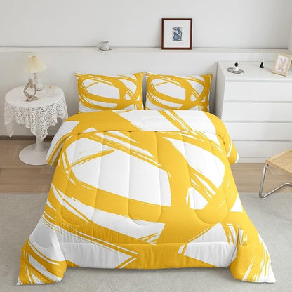 Erosebridal Yellow and White Abstarct Toddler Bedding Set,Aesthetic Geometric Comforter Set for Minimalists,Graffiti Stripes Lines Quilt,Contemporary Boho Modern Art Duvet Insert for Minimalism