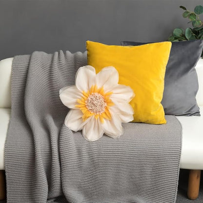 3D Cream White Flower Round Decorative Throw Pillow with Insert Soft Cute Floral Accent Pillow Cushion for Bed Couch Bedroom Living Room Boho Aesthetic Home Decor 12Inch White and Yellow