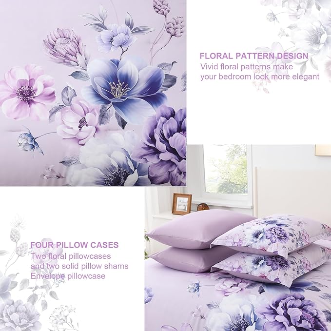 Floral King Size Comforter Set - 7 Piece Botanical Purple Flower Bed in a Bag Ulter Soft Microfiber Bedding Set, Lightweight Bed Comforter Set with Sheets for All Season (Purple, King)