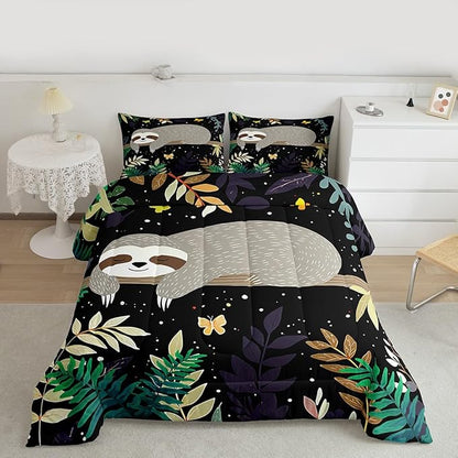 Feelyou Sloth Comforter Cute Sloth Bedding Set for Kids Boys Girls Galaxy Butterfly Comforter Set Botanical Leaves Inner Fill Duvet Set 1 Comforter Set with 2 Pillowcases Full Size