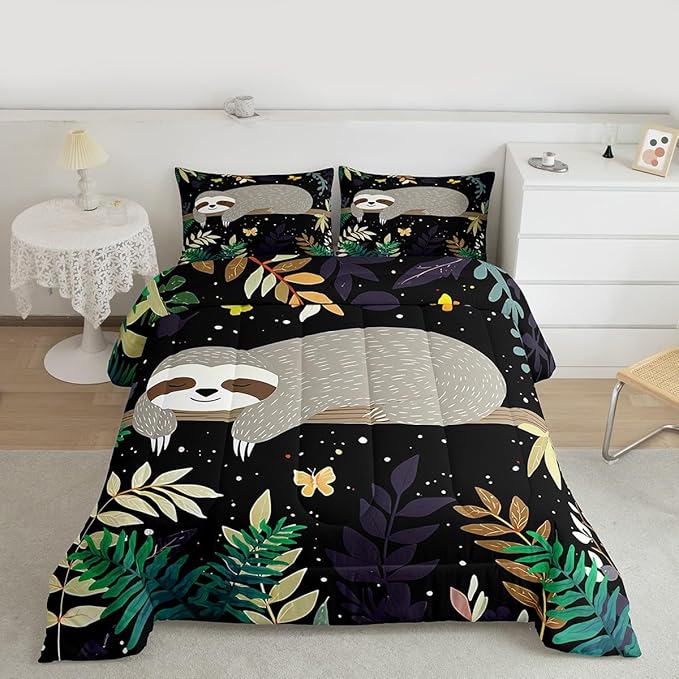 Feelyou Sloth Comforter Cute Sloth Bedding Set for Kids Boys Girls Galaxy Butterfly Comforter Set Botanical Leaves Inner Fill Duvet Set 1 Comforter Set with 2 Pillowcases Queen Size