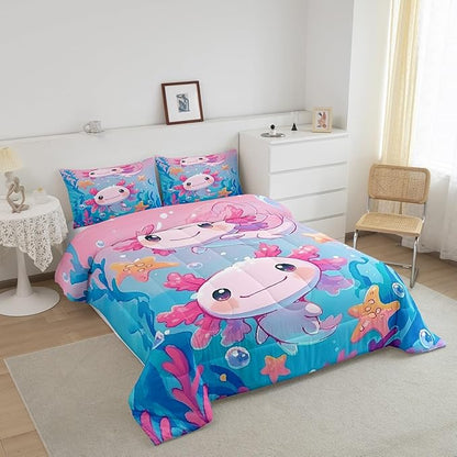 Kids Kawaii Axolotl Bedding Sets Full Size,Pink Cute Animal Ocean Sealife Reversible Comforter Set Breathable Polyester Quilt Set,Lovely Cartoon Blue Sea Coral Duvet Insert,2 Pillowcases