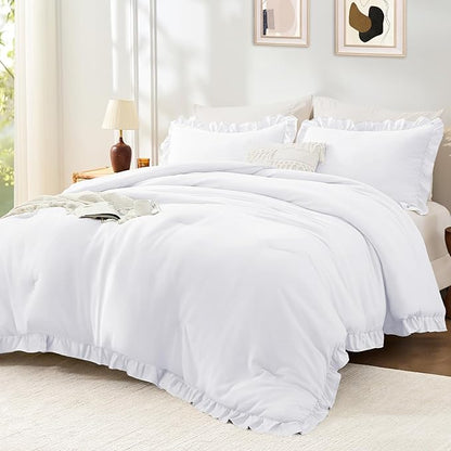FUANNA Queen Comforter Set White 3 Pieces, Ruffle Shabby Chic Queen Bed Set, Fluffy Lightweight Soft Bed in a Bag Queen for All Seasons, Farmhouse Bedding Comforter Sets(1 Comforter & 2 Pillowshams)