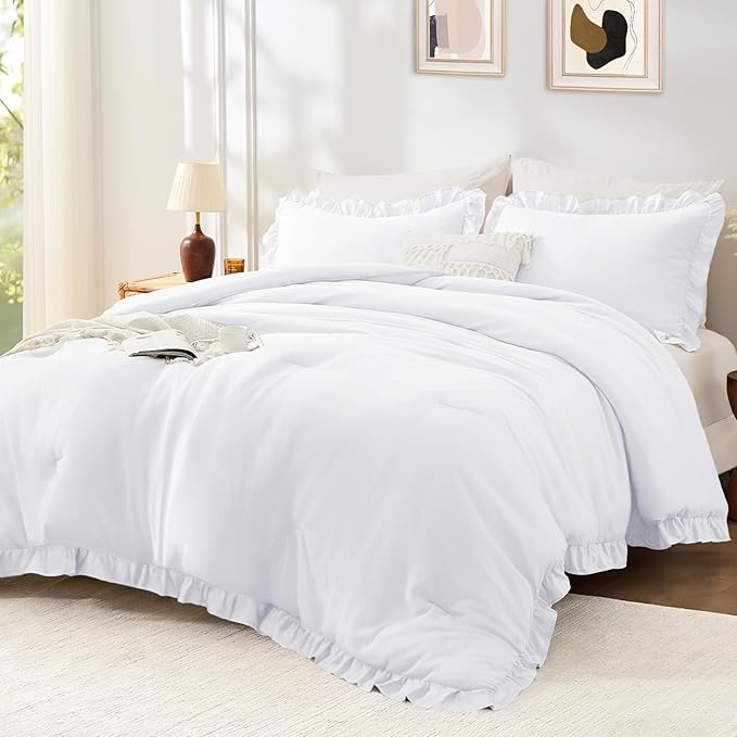 FUANNA King Size Comforter Set White, 3 Pieces Ruffle King Bedding Set, Fluffy Farmhouse Bed in a Bag King with 1 Lightweight Comforter & 2 Pillowshams