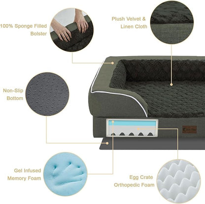 Orthopedic XL Dog Beds, Waterproof Memory Foam Big Pet Bed for Extra Large Sized Dogs 45x35Inch, Non-Slip Bottom and Egg-Crate Foam Dog Couch Bed with Washable Removable Cover, Dark Green