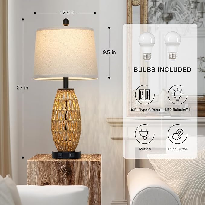 27" Rattan Table Lamps Set of 2, Boho Bedside Lamp for Bedroom with Night Light, Coastal Woven Wicker Nightstand Lamps with USB A+C Charging Port, Tall Farmhouse Living Room Lamp