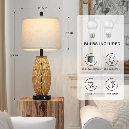 27" Rattan Table Lamps Set of 2, Boho Bedside Lamp for Bedroom with Night Light, Coastal Woven Wicker Nightstand Lamps with USB A+C Charging Port, Tall Farmhouse Living Room Lamp