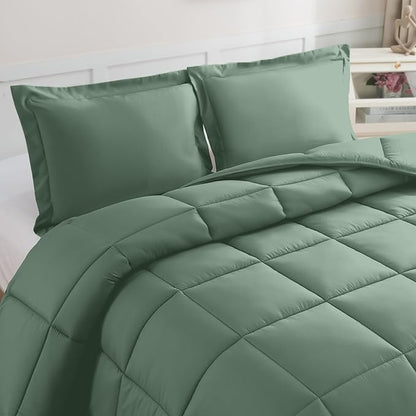 Elegant Comfort 3-Piece Box Stitched Down Alternative Comforter with Shams - Ultra Soft for All Season Duvet Insert with Corner Tabs, Plush Cozy 3PC Comforter Set, Queen, Smoke Green