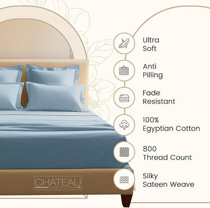 100% Egyptian Cotton Sheets For King Size Bed, 800 Thread Count Sateen Weave Deep Pocket King Sheet Set, Sheet & Pillowcase Sets, No Pill, Soft & Comfy Naturally Cool & Breathable- French Blue