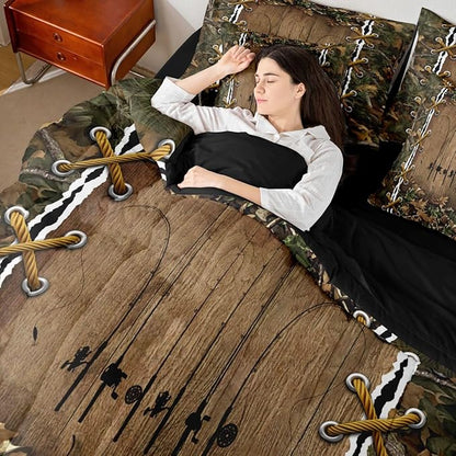 Erosebridal Camo Rustic Comforter Set 7 Piece Bed in a Bag Twin | Fishing Rod Bedding Sets Mens Cabin Hunting Comforter and Sheet Set, Woodland Animals Farmhouse Bed Sets,Country Decor Camo Bed Set