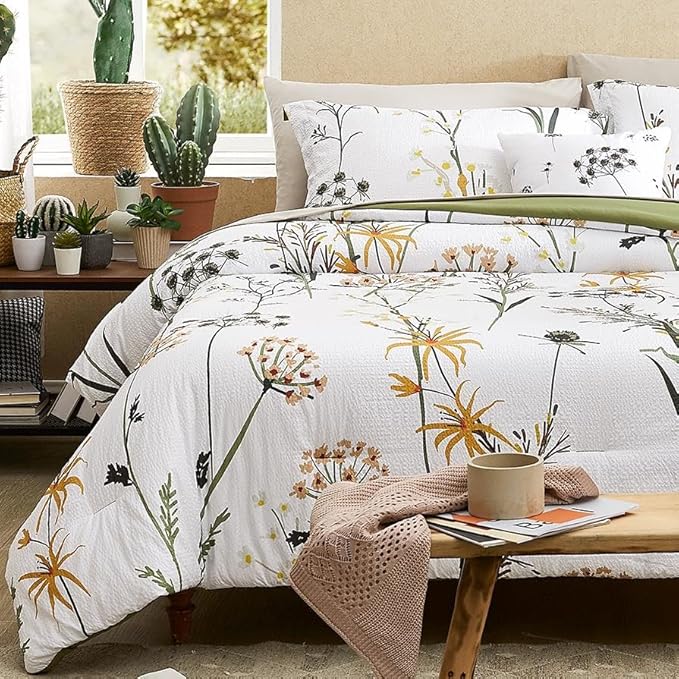 CASAAGUSTO King Comforter Set 7 PCS White & Green Dandelion Plant Comforter Set with Flowers Leaves Pattern Soft Seersucker Design All Season Bedding Set(102"X90")