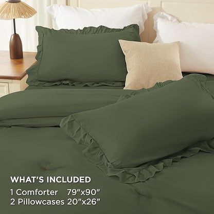 Andency Olive Green Full Size Comforter Set (79x90Inch), 3 Pieces Fluffy Shabby Chic Ruffle Bedding Comforter Sets, All Season Soft Lightweight Microfiber Bed Set