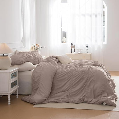 Masaca Oversized King Comforter 120x120,3 Pieces Taupe Ruched Comforter Extra Large,Ruffle Cal King Bed Comforter Oversized Lightweight Shabby Farmhouse Bedroom Bedding Set Ultra Soft