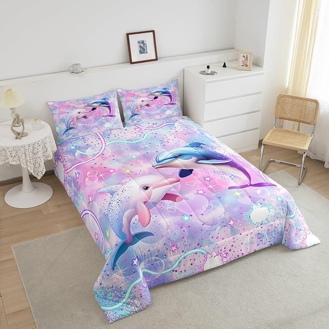 Dolphin Comforter Set Queen Size,Kawaii Pink Blue Dolphin Bedding Set for Girls Bedroom Decoration,Rainbow Glitter Galaxy Bed Duvet Insert,Watercolor Love Pattern Comforter with 2 Pillowcases