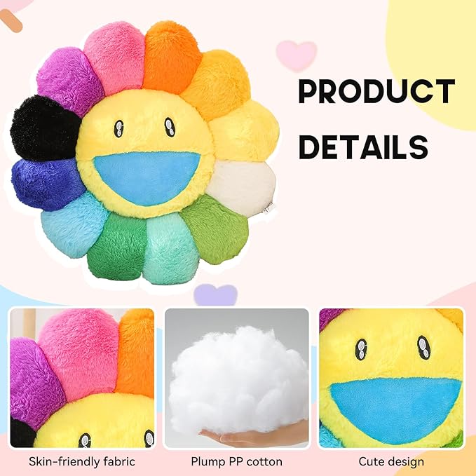 Flower Pillow,Flower Shaped Throw Pillow,Cute Smiley Face Floor Cushions,Colorful Sunflower Plush Pillows,Cute Plushie Room Decor,Valentines Day Pillows for Bedroom,Sofa,Dorm (Colourful,23.6In)