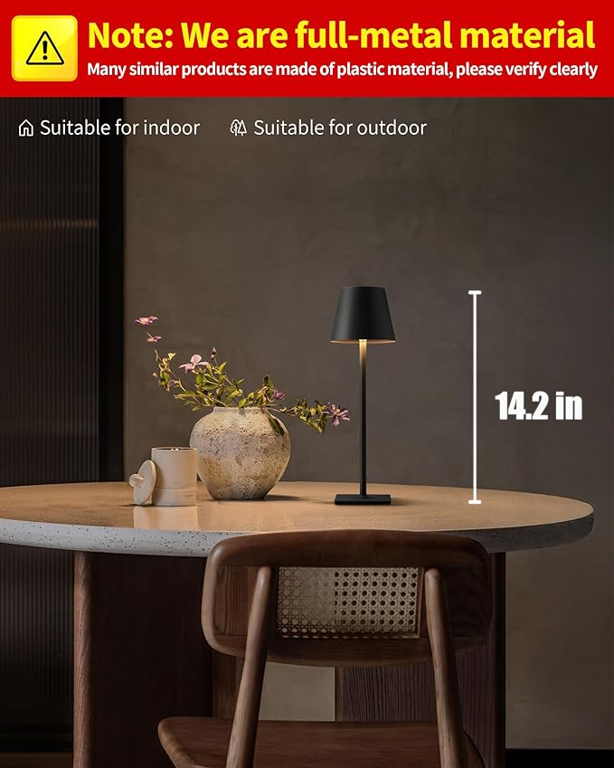 KDG Cordless Table Lamp, Portable LED Desk Lamp, 5000mAh Battery Operated, 3 Color Stepless Dimming Up, for Restaurant/Bedroom/Bars/Outdoor Party/Camping/Coffee Shop Atmosphere Night Light(Black)