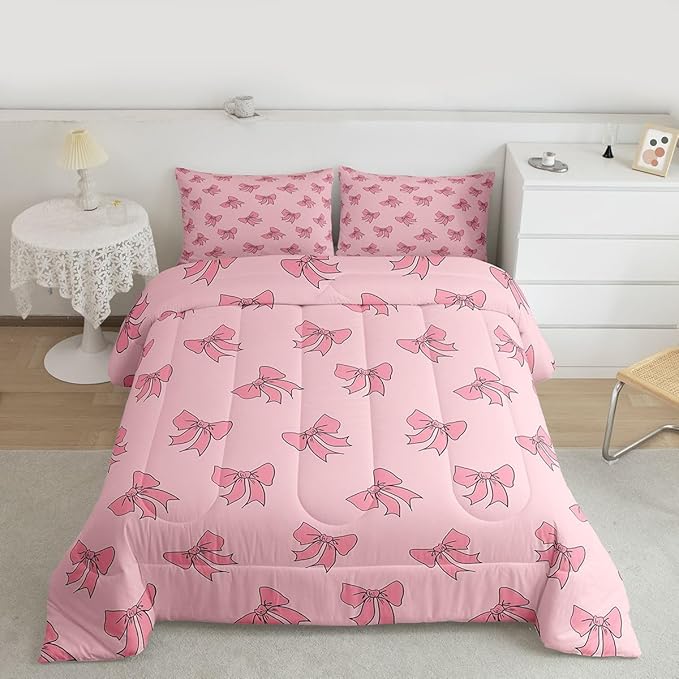 Erosebridal Kids Pink Bow Bedding Set Queen Princess Bows Comforter Set Kawaii Preppy Bowknot Comforter for Girls Women Coquette Room Decor Modern Trendy Girly Aesthetic Quilt Duvet