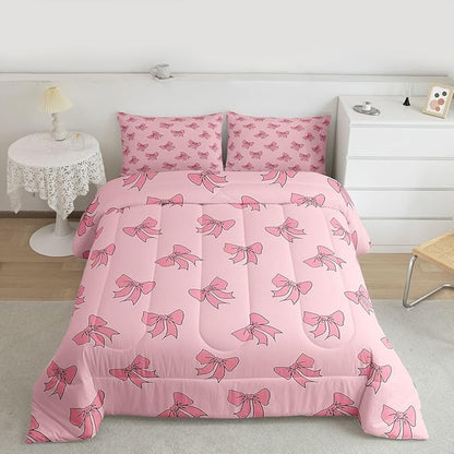 Erosebridal Kids Pink Bow Bedding Set Queen Princess Bows Comforter Set Kawaii Preppy Bowknot Comforter for Girls Women Coquette Room Decor Modern Trendy Girly Aesthetic Quilt Duvet