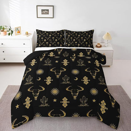 Erosebridal Boho Western Bedding Sets Toddler Black Gold Bohemian Aztec Bull Skull Comforter Set for Boys Teen Men,Southwest Cowboy Quilt Set,Exotic Ethnic Tribal Bed Set Cactus Moon Sun Decor
