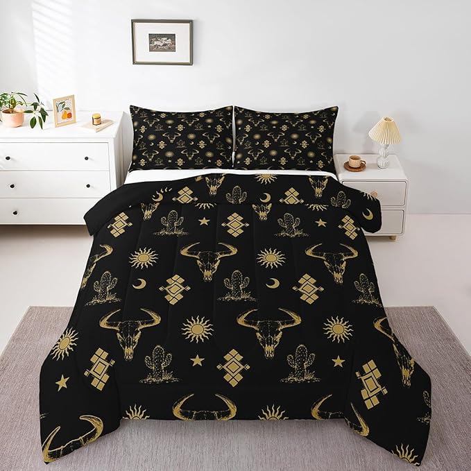 Erosebridal Boho Western Bedding Sets King Black Gold Bohemian Aztec Bull Skull Comforter Set for Boys Teen Men,Southwest Cowboy Quilt Set,Exotic Ethnic Tribal Bed Set Cactus Moon Sun Decor