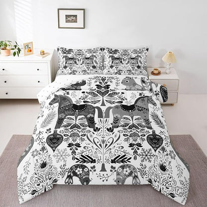Rustic Horse Comforter Set Full Size,Boho Floral Bird Squirrel Bedding Sets 3Pcs for Kids Girls Boys Women Room Decor,Xmas Bells Snowflake Duvet Insert Swedish Dala Horses Down Comforter,2 Pillowcases