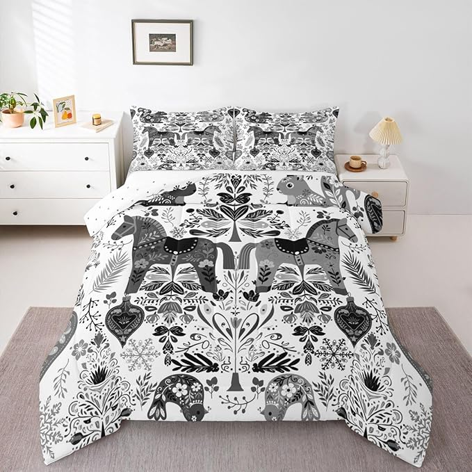 Rustic Horse Comforter Set Twin Size,Boho Floral Bird Squirrel Bedding Sets 2Pcs for Kids Girls Boys Women Room Decor,Xmas Bells Snowflake Quilted Duvet Swedish Dala Horses Down Comforter,1 Pillowcase