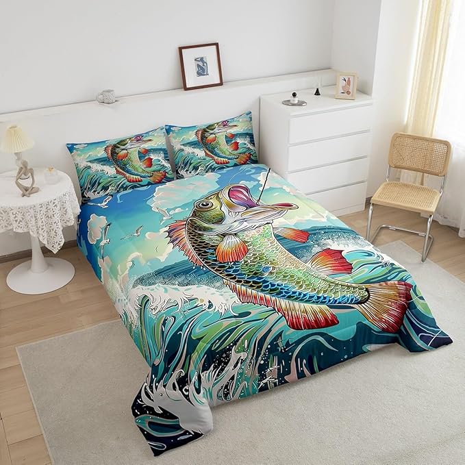 Erosebridal Bass Fishing King Comforter Set,Big Pike Fish Bedding Sets for Kids Boys Men,Vintage Ocean Waves Quilt Bed Set,Fishing Lake House Bedroom Decor,2 Pillowcases Lightweight