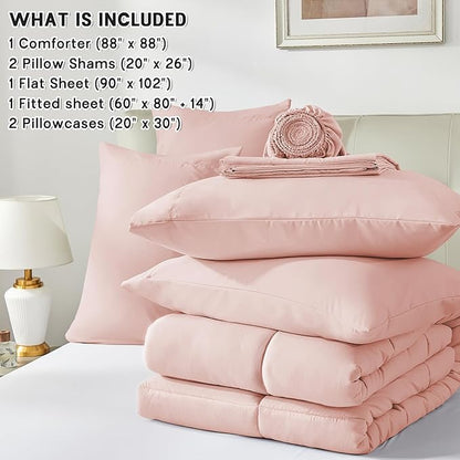 Anluoer Queen Comforter Set 7 Piece, Pink Bed in a Bag with Comforters, Pillow Shams, Pillowcases, Flat Sheet, Fitted Sheet