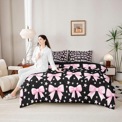 Erosebridal Kawaii Cute Black Pink Girls Bowknot 7 Piece Bedding Set Twin | Bow Kids Comforter Set with Sheets Y2K Starry Bed in A Bag Princess Bed Sets