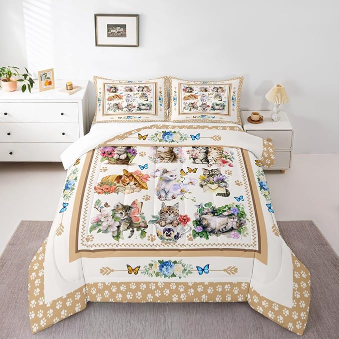 Cute Cats Kids Comforter Set Queen Size,Cartoon Animal Paws Print Toddler Bedding Set,Girls Boys Adults Room Decor,Butterfly Flowers Romantic Down Comforter,Bright Lovely Duvet Insert,2 Pillowcases
