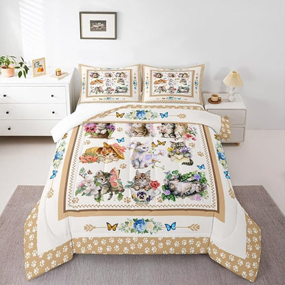 Cute Cats Kids Comforter Set Queen Size,Cartoon Animal Paws Print Toddler Bedding Set,Girls Boys Adults Room Decor,Butterfly Flowers Romantic Down Comforter,Bright Lovely Duvet Insert,2 Pillowcases