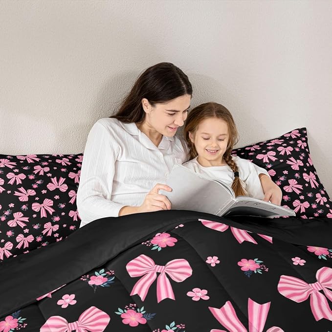 Feelyou Black Pink Bow Bedding Set Soft for Boys Girls, Cute Floral Comforter Set Twin Size Cute Bowknot Duvet Quilt Microfiber Kawaii Bedroom Decor 2 Pcs with 1 Pillow Cases