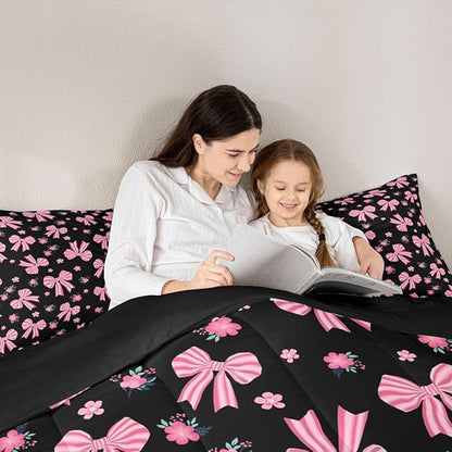 Feelyou Black Pink Bow Bedding Set Soft for Boys Girls, Cute Floral Comforter Set King Size Cute Bowknot Duvet Quilt Microfiber Kawaii Bedroom Decor 3 Pcs with 2 Pillow Cases