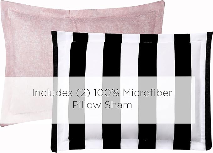 Juicy Couture Cabana Stripe Reversible Bedding Set - Queen Size - Black and White Stripe Print – 6 Piece Set – Includes 1 90" x 90" Comforter, 3 Decorative Pillows, 2 Shams