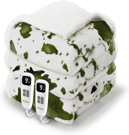 Cow Print Electric Heated Blanket Queen-Dual Control Heating Blanket Queen Size with 10 Heat Levels & 10 Hours Auto-Off, Cozy Soft Fleece Sherpa, Washable, 84x90 Inche Cow Print Sage