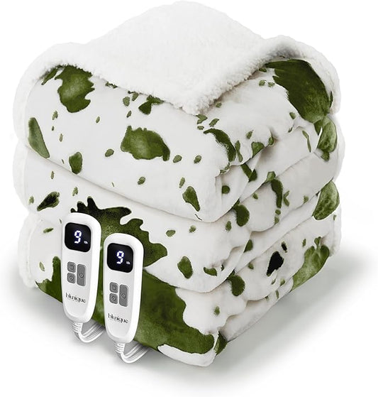 Cow Print Electric Heated Blanket Queen-Dual Control Heating Blanket Queen Size with 10 Heat Levels & 10 Hours Auto-Off, Cozy Soft Fleece Sherpa, Washable, 84x90 Inche Cow Print Sage