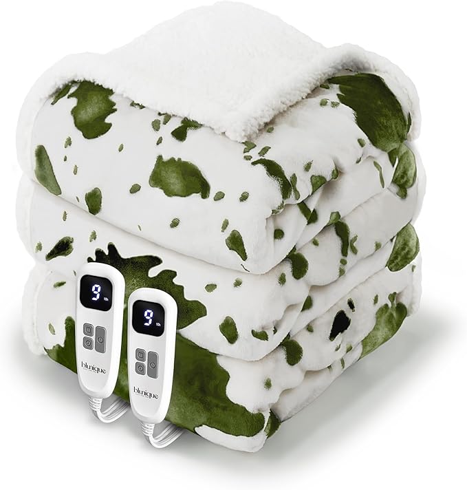 Cow Print Heated Electric Blanket King Size-Dual Control Heating Blanket King Size with 10 Heat Levels & 10 Hours Auto-Off, Cozy Soft Fleece Sherpa, Washable, 90x100 Inche Cow Print Sage
