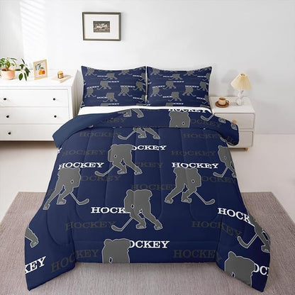 Manfei Hockey Players Kids Comforter Set Queen Size, Bedding Set,Girls Boys Room Decor,Competitive Games Teamwork Quilt Comforter,Dark Blue Gray Duvet Set Bedroom Quilt Set,2 Pillowcases