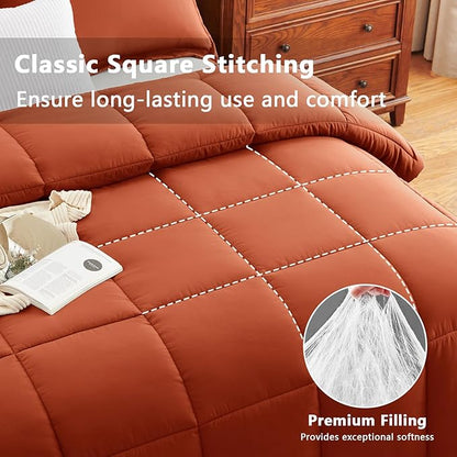 CozyLux Queen Size Comforter Sets Terracotta - 3 Pieces Burnt Orange Box Stitched Queen Bed Set for All Seasons, Soft Lightweight Bedding Sets with 1 Down Alternative Comforter and 2 Pillow Shams