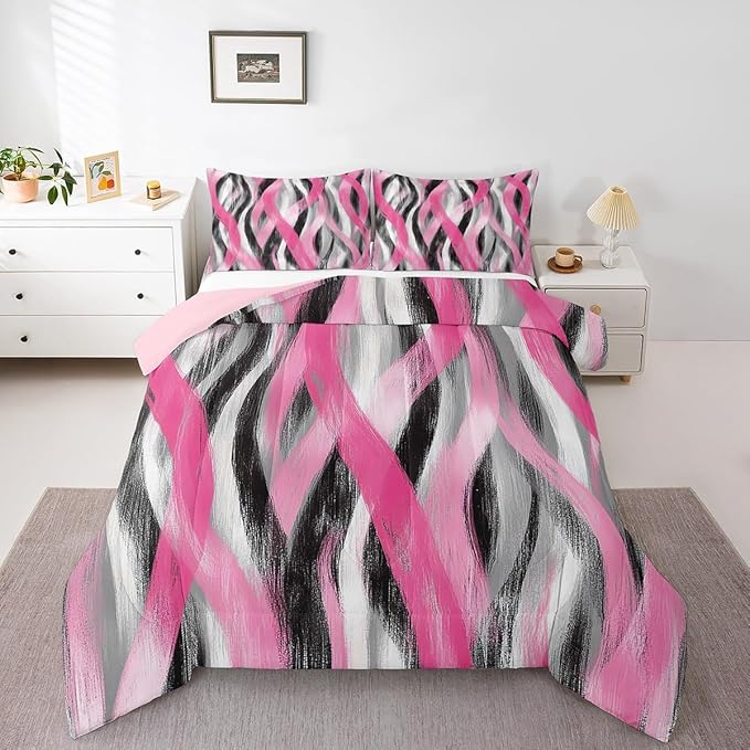 Erosebridal Geometric Striped Comforter Queen Modern Abstract Comforter Set Black Grey Pink Bedding Set for Kids Girls Teen Women Swirl Lines Quilt Duvet Room Decor 3 Pcs