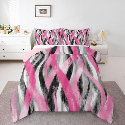Erosebridal Geometric Striped Comforter King Modern Abstract Comforter Set Black Grey Pink Bedding Set for Kids Girls Teen Women Swirl Lines Quilt Duvet Room Decor 3 Pcs