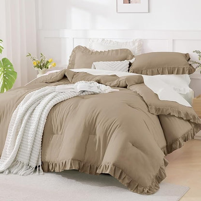 Andency Oversized King Comforter Set 120x98, 3 Pieces Ruffle Shabby Chic Famhouse Bedding Set, All Season Lightweight Fluffy Bed Set for Girls Women, Taupe