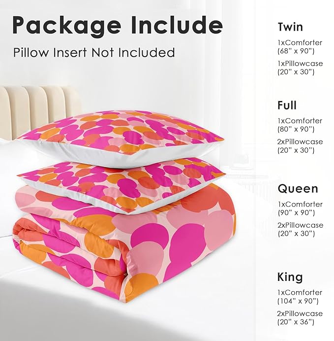 Comforter Set Full Size, Pink Orange Colorful Soft 3 Pcs Bedding for Kids and Adults, Fruit Retro Leaves Comforter Set with Pillowcase, for Bedroom Bed Decor