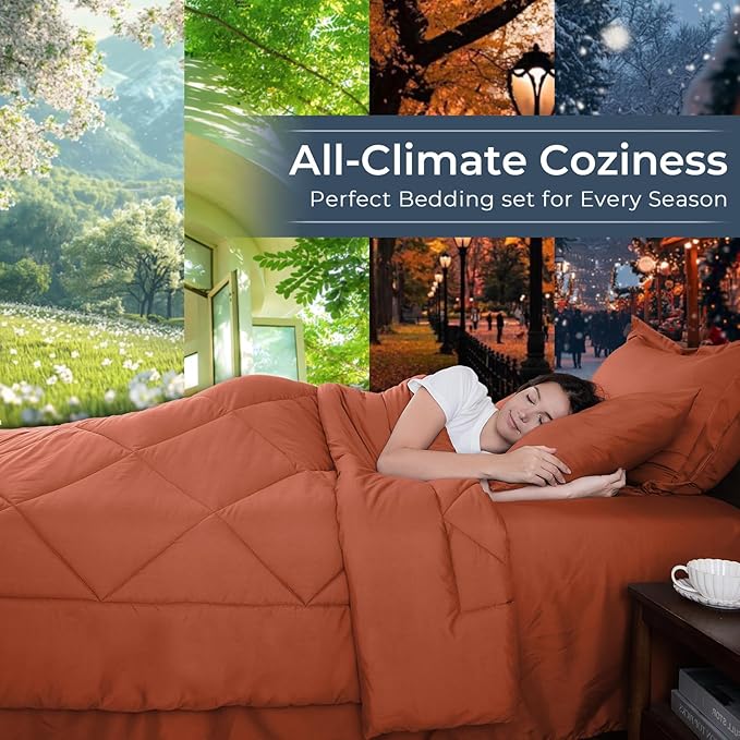 HEVUMYI Burnt Orange Full Comforter Set - 7-Piece All Season Bed in a Bag Full, Ultra Soft Bedding Set with Comforter, Flat Sheet, Fitted Sheet, Pillowcases, Pillow Shams