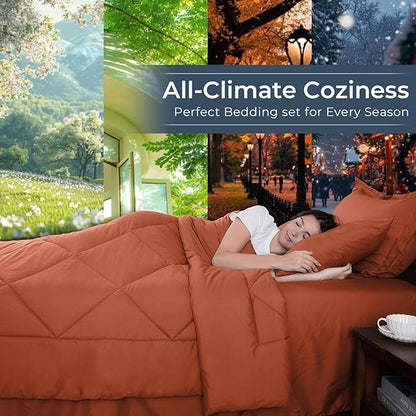 HEVUMYI Burnt Orange Full Comforter Set - 7-Piece All Season Bed in a Bag Full, Ultra Soft Bedding Set with Comforter, Flat Sheet, Fitted Sheet, Pillowcases, Pillow Shams