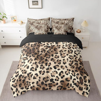 Erosebridal Leopard Print Comforter Set Cheetah Not Real Fur Bed in A Bag Queen Size 7 Pieces Wild Animal Jungle Ombre Cowhide Fur Bed Set Beige Brown Bedding