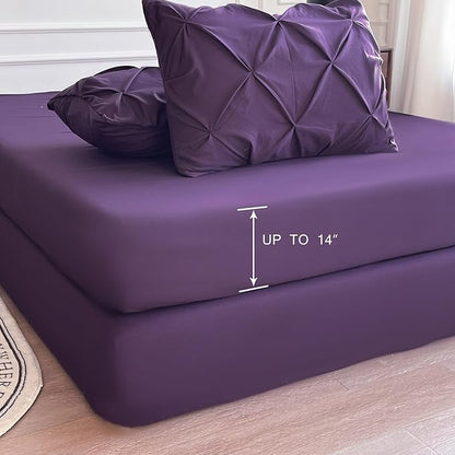 Maple&Stone Purple Comforter Set Queen, 7 Pieces Bed in a Bag Queen, Pintuck Bedding Sets with Comforter, Sheets, Pillowcases & Shams - Purple
