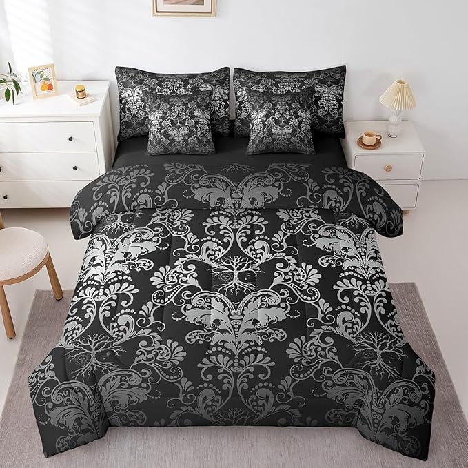 Erosebridal Gothic Damask Bed in a Bag King Size Comforter Set 7 Pieces,Sun Moon Tree of Life Bedding Sets White Black Victorian Floral Goth Sheet Set with Comforter
