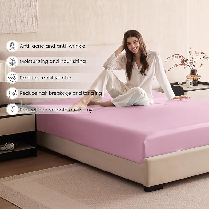 THXSILK 6A+ Top Grade 100% Pure Mulberry Silk Twin Fitted Sheet 3Pcs Set Bed Sheets Luxury Bedding for Hair and Skin Health Breathable Cooling, 1 Fitted Sheet with 2 Pillowcases, Lavender