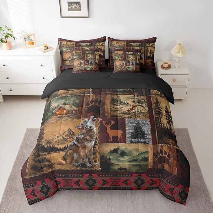 Erosebridal Deer Wolf Comforter Set King Size,Boho Tribal Ethnic Bed in a Bag for Kids Boys Girls Teens,Vintage Patchwork Bed Set,Woodland Jungle Wild Animal Reversible Bed Sets with Sheet Set